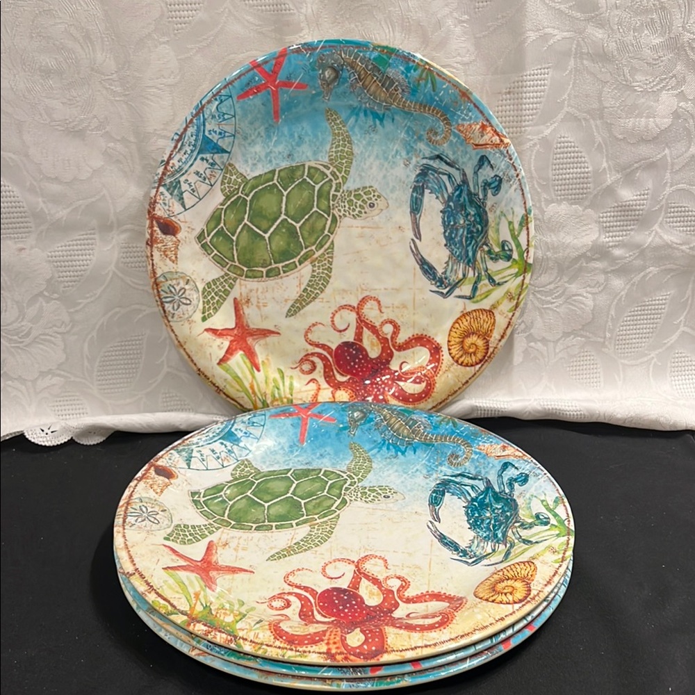 Pier 1 SPEEDY AND FRIENDS Melamine 11" Dinner Plates x 4Turtle Octopus Ray Ocean - Picture 2 of 11